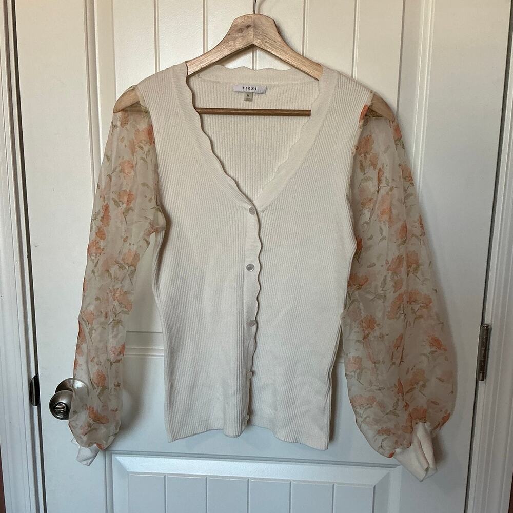 Sioni Translucent Floral Sleeve Knit Sweater Medium Cream/Pink